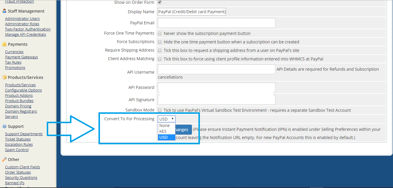 WHMCS Setting PayPal COnvert to For Processing